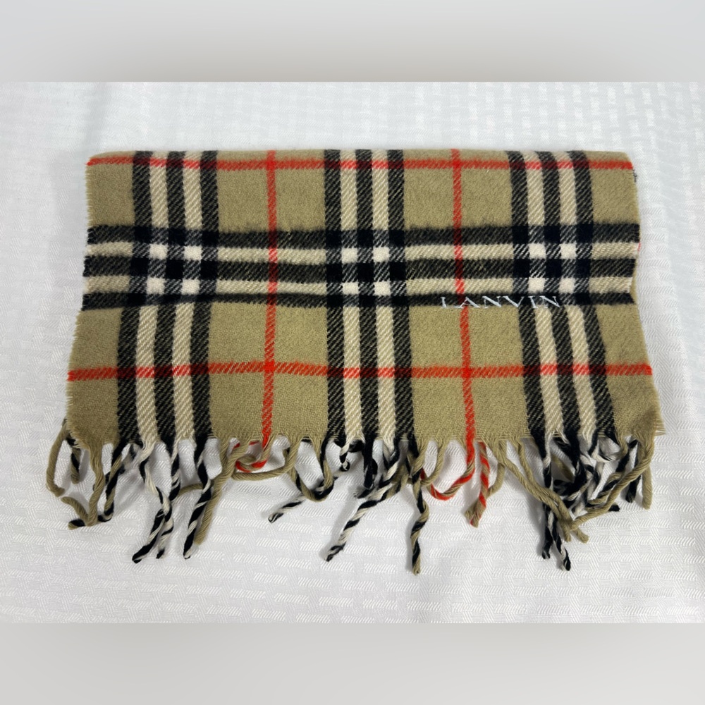 Lanvin Vintage Beige Plaid Wool Scarf Black Red Fringe